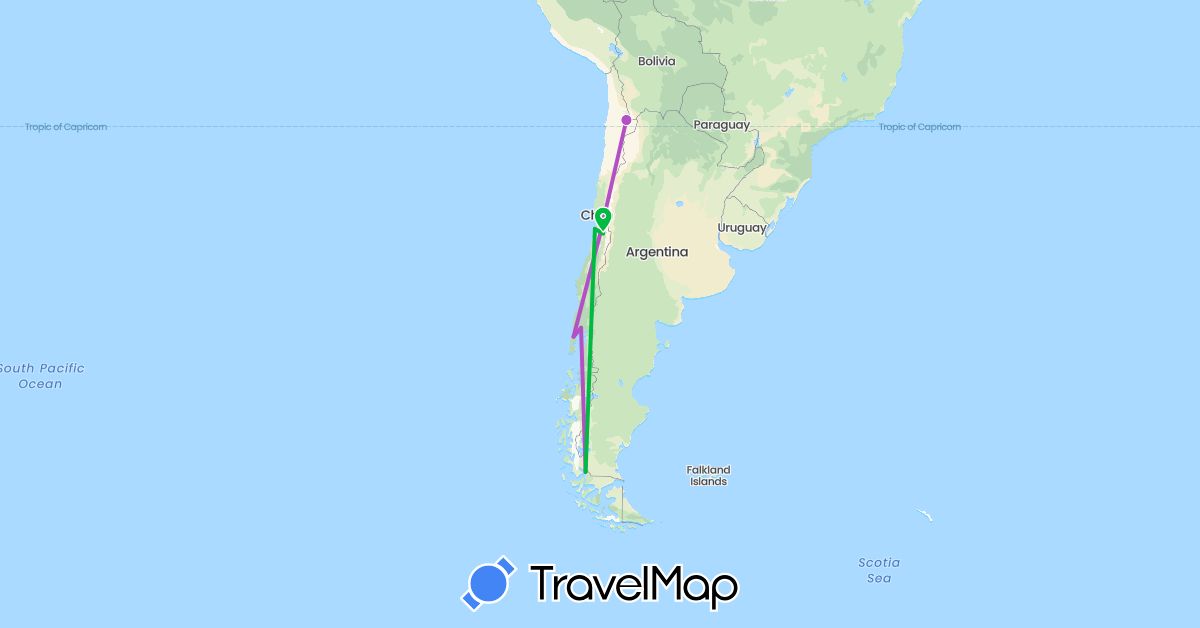 TravelMap itinerary: bus, train in Chile (South America)